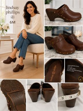 Lindsay Phillips Karin Brown Leather Clog Mules Woodgrain Heel Size 6M